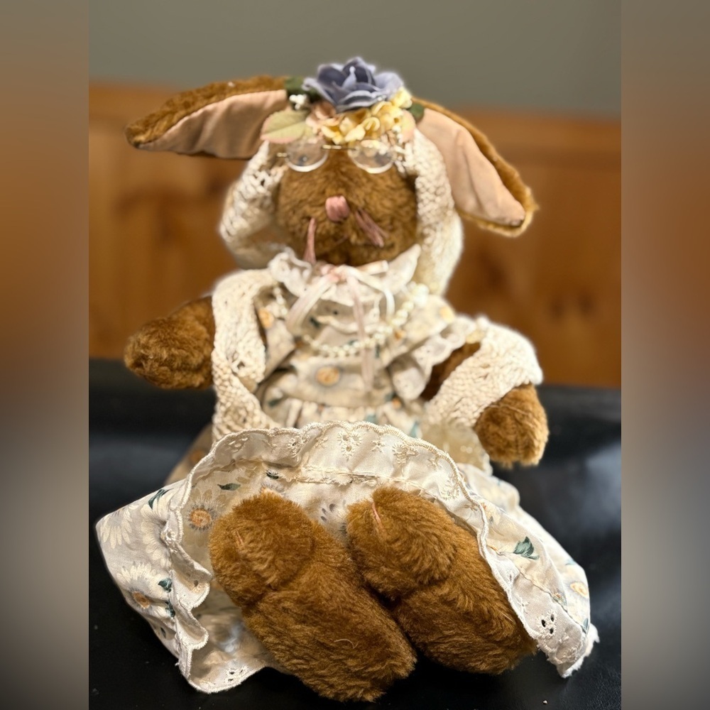 “Granny Bunny” Shelf-sitter Plush Bunny w/ Floral Dress Faux Pearls & Glasses